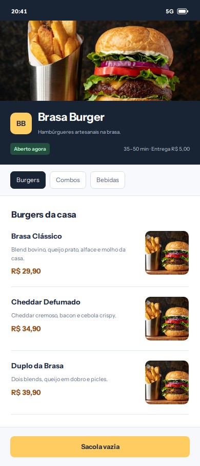 Cardápio digital com lista de hambúrgueres