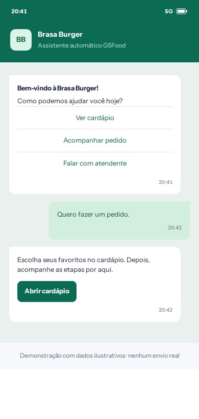 Conversa demonstrativa de WhatsApp com consulta de cardápio e status